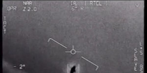 Still from a video released by the US military of a 2004 encounter near San Diego between two Navy F/A-18F fighter jets and an unknown object.