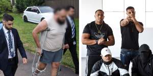 Brandon Masueli being arrested in Cartwright in January (left);and members of Sydney rap group Onefour (clockwise from back left):J Emz,YP,Lekks and Spenny.