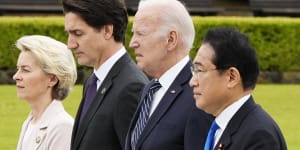 (L-R) European Commission President Ursula von der Leyen,Canadian Prime Minister Justin Trudeau,U.S. President Joe Biden and Japanese Prime Minister Fumio Kishida in Hiroshima on Friday.
