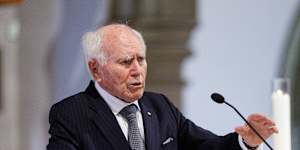 Former Prime Minister John Howard gives Words of Remembrance at the State Funeral Service for the Ronald Boswell at St Stephen’s Cathedral in Brisbane,Friday,January 16,2026. Ron Boswell was a formidable senator for the Nationals for more than three decades. (AAP Image/Russell Freeman) NO ARCHIVING*SINGLE USE*AAP* 