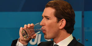 Foreign Minister Sebastian Kurz,head of Austrian People's Party,during a TV interview in Vienna after polls closed on Sunday.