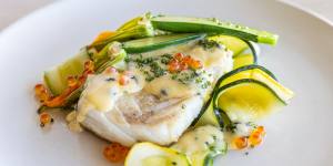 Wood-fired snapper,beurre blanc and zucchini flower.