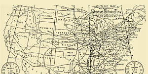 A railways map of time zones in the US after the adoption of standard time in 1883.