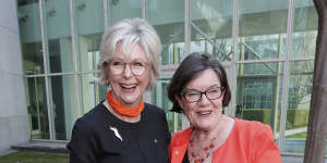 Indi MP Helen Haines (left) is congratulated by her predecessor,Cathy McGowan.