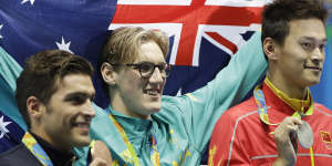 Mack Horton celebrates after beating Sun Yang in the 400 metres freestyle in Rio.
