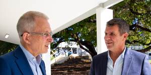 Federal Communications and Infrastructure Minister Paul Fletcher with former NSW Premier Mike Baird at a campaign launch.