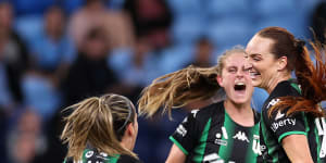 Western United’s Hannah Keane celebrates her winning goal.
