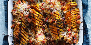 Butternut pumpkin wedges with cous cous and parmesan crust.