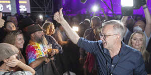 Anthony Albanese,with partner Jodie Haydon,received a rock star reception at Bluesfest on Sunday night