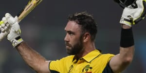 Glenn Maxwell celebrates scoring the fastest ever World Cup century during this tournament.