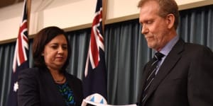 Crime and Corruption Commission chair Alan MacSporran,pictured with Premier Annastacia Palaszczuk at his appointment in 2015.