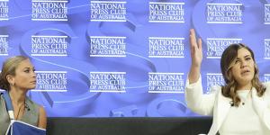 Grace Tame and Brittany Higgins during their address to the National Press Club of Australia in Canberra on February 9,2022.