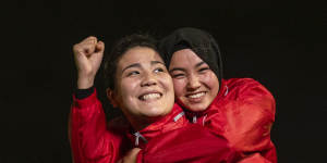 Penny Stephens is nominated in the sport photograph category for this portrait of Afghan soccer players Fatima and Adiba Ganji.