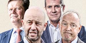 From left to right:Cricket NSW chairman John Knox,Cricket Australia CEO Todd Greenberg,Cricket Australia chairman Mike Baird and Cricket NSW CEO Lee Germon.
