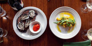 Sydney Rock oysters with fermented chilli and a dish of pickled squid (vindaye) with turmeric,mustard and sorrel