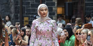 A model showcases designs by Kuwaii during the Urban Garden Runway for Melbourne Fashion Week on Monday. Kuwaii is manufactured in Melbourne. 