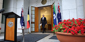 Prime Minister Anthony Albanese during a press conference at Parliament House in Canberra on Friday 28 March 2025. fedpol Photo:Alex Ellinghausen