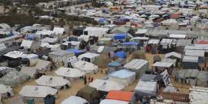 A tent camp housing Palestinians displaced by the Israeli offensive in Rafah,Gaza Strip.