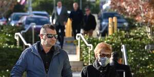 Melissa Caddick’s husband Anthony Koletti and Caddick’s mother Barbara Grimley arrive at the NSW Coroners Court. 