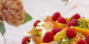 Peach trifle with raspberries and sweet riesling custard.