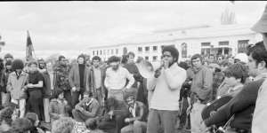 Bob Maza addresses a protest at the Aboriginal Tent Embassy in front of Parliament House,Canberra,30 July 1972.