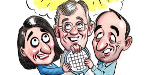 Former Westfield executive Steven Lowy,Premier Gladys Berejiklian and Wentworth MP Dave Sharma met over the White City proposal. Illustration:John Shakespeare