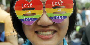 A supporter of LGBT and human rights groups wears rainbow glasses during a rally to support the bill in 2016.