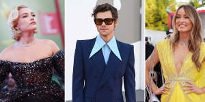 Florence Pugh in Valentino haute couture,Harry Styles in Gucci and Olivia Wilde in Gucci at the Venice Film Festival premiere of “Don’t Worry Darling”. 