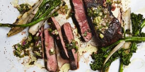 Perfect feast:Flat iron steak with greens and charred herb salsa.