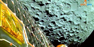 A view of the moon as viewed by the Chandrayaan-3 lander during lunar orbit.