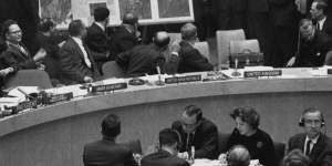 The moment at a UN Security Council meeting when the US ambassador confronted the Soviet with photographs of Russian missile sites in Cuba on November 1,1962.