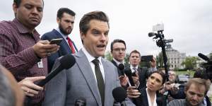 Republican Matt Gaetz talks to reporters just after House Speaker Kevin McCarthy’s last-ditch plan to keep the government temporarily open collapsed.