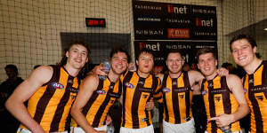 Josh Weddle,Jack Scrimshaw,Jack Ginnivan,Blake Hardwick,Dylan Moore and Josh Ward celebrate in the rooms. 