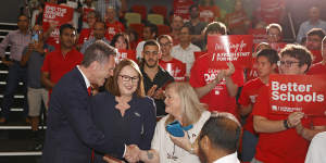 NSW Labor Leader Chris Minns joins Donna Davis,centre,candidate for Parramatta.