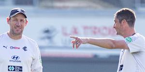 The Blues’ interim coach Josh Fraser (left) will coach his first game this weekend.