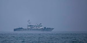 A Taiwanese coast guard vessel patrols along the Xiamen-Kinmen passage near the maritime boundary with China.