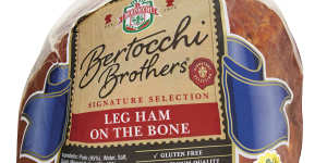 Bertocchi Brothers ham on the bone quarters,available from Coles.
