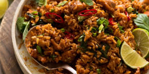 Thai red curry fried rice recipe for RecipeTin Eats Good Food online column March 2020. Good Food use only. Not for syndication. Must credit RecipeTin Eats. Image supplied by Nagi Maehashi.