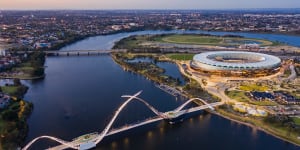 Optus Stadium is bordered by the Swan River.