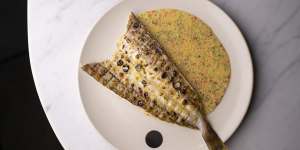 King George whiting with sudachi and finger lime sauce at Saint Peter in 2020.