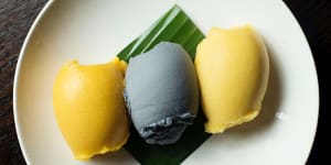 Three sorbets - charcoal coconut,mango lychee and yuzu passionfruit.