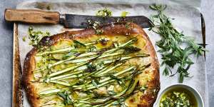 Potato and asparagus pizza with sauce gribiche. 