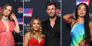 Olivia DeJonge in Gucci;Elsa Pataky in J’Aton and Chris Hemsworth in Etro;and Aisha Dee in Erik Yvon at the Australian Academy of Cinema and Television Arts (AACTA) Awards,The Hordern,Sydney.