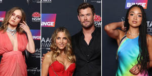 Olivia DeJonge in Gucci;Elsa Pataky in J’Aton and Chris Hemsworth in Etro;and Aisha Dee in Erik Yvon at the Australian Academy of Cinema and Television Arts (AACTA) Awards,The Hordern,Sydney.