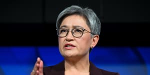 Foreign Affairs Minister Penny Wong addresses the National Press Club.