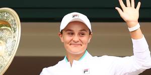 Ashleigh Barty celebrates after her win at Wimbledon in July.