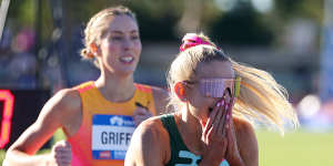 That winning feeling:Jess Hull reacts to her 1500m victory.