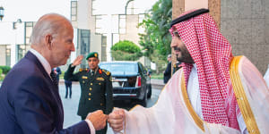 Saudi Crown Prince Mohammed bin Salman,right,greets US President Joe Biden with a fist bump in Jeddah.