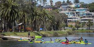 Paddlers on the Maribyrnong river,viewed from the Talip Bridge.
