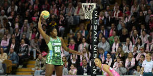 Lift off:West Coast Fever star Jhaniele Fowler in action during the Super Netball season.
